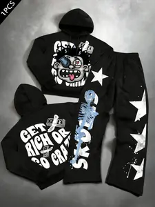 Men's Y2K Dark Humor Streetwear Casual Fashion Set, Loose Hoodie + Jogger Pants Two-Piece, Get Rich Slogan, Money Skull Graphic Print, Gothic Style, Outfit