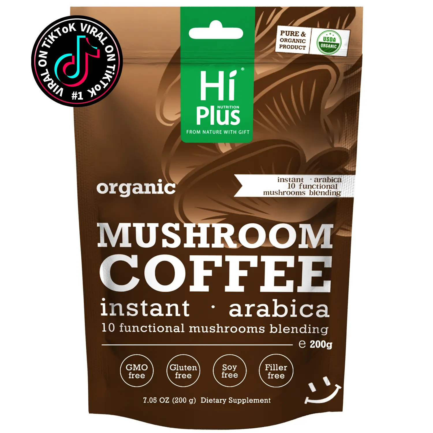 HiPlus Organic Instant 10-in-1 Mushroom Coffee Powder, 14oz | Weight & Immune Support | Premium Arabica Coffee with Lion’s Mane, Chaga & Reishi