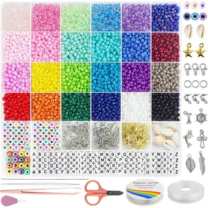 Glass Seed Beads for Jewelry Bracelet Making Kit, Small Beads Friendship Bracelet Kit, Tiny Waist Beads with Letter Beads and Elastic String, DIY Art Craft Girls Gifts.