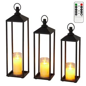 Lanterns Decorative Outdoor & Indoor, Set of Modern Metal Black Lantern With Flameless LED Candles