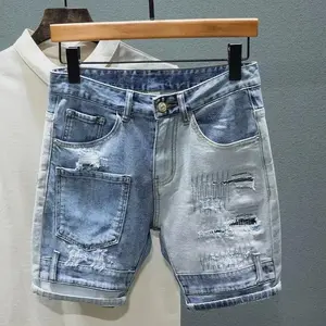 Male Denim Shorts Spliced Men's Short Jeans Pants Ripped Straight Harajuku  Hip Hop Cowboy Baggy  Fashion Summer