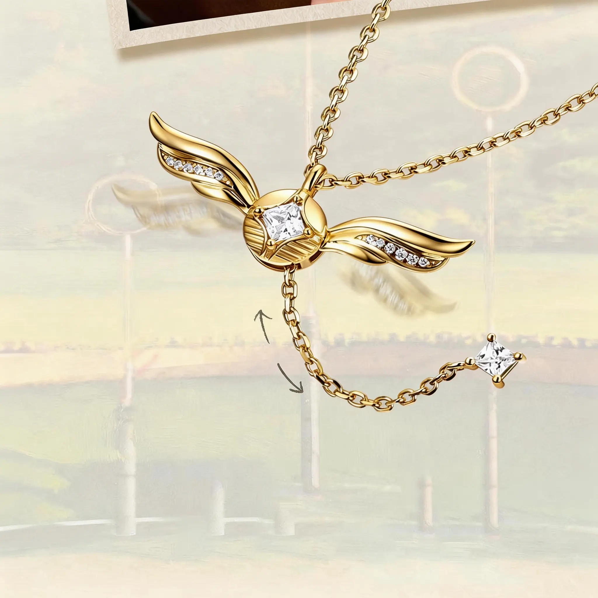 Golden Snitch Wing Y Necklace for Women, Movable Wings, Adjustable Pull-out Dainty Gold Plated Pendant Necklace, Sparkling Stone Magical Fan Jewelry, Ideal Layering Accessory Matching Figaro & Paperclip Chains