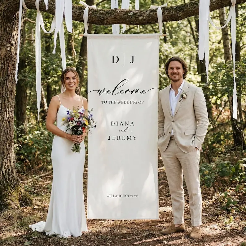 Custom Wedding Welcome Sign | Vertical Fabric Wedding Banner | Personalized Names & Date Backdrop | Rustic Outdoor Ceremony Decor