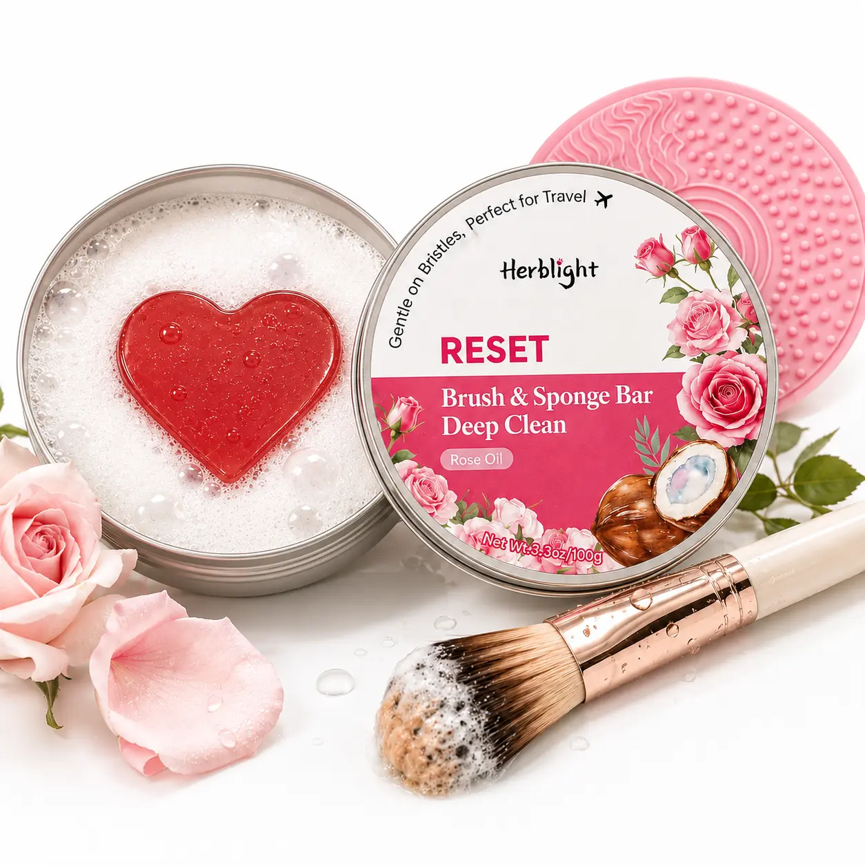 【Herblight】2-in-1 Compact Cosmetic Makeup Brush & Sponge Cleanser Balm with Built-in Silicone Pad, Flawless Deep Cleansing, Jojoba Oil-Infused Gentle Daily Care, Travel-Friendly Tool, Rosa & Tea Tree Scent for Foundation, Rosa Scent, Aesthetic, Scents