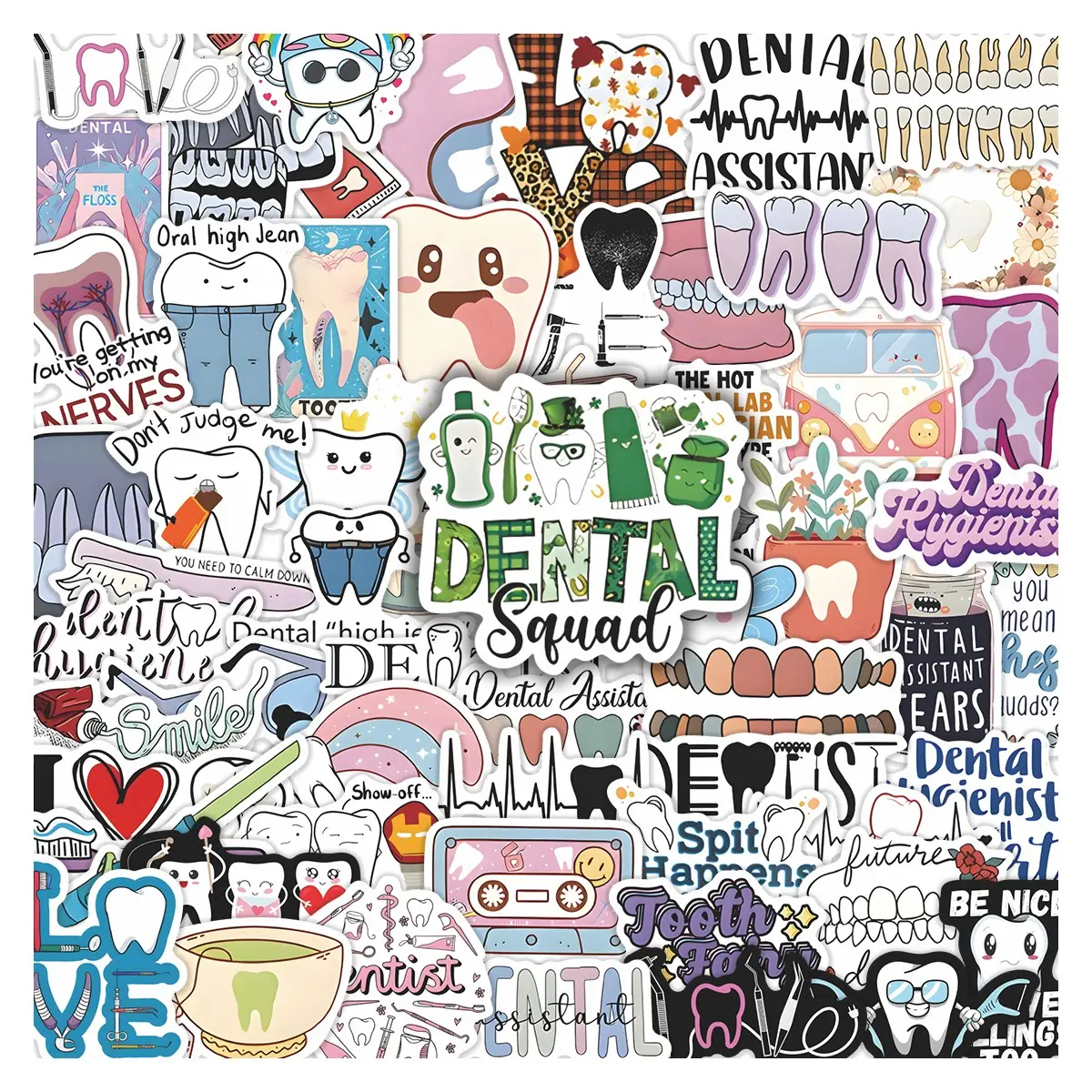 60pcs Dental Themed Stickers Pack, Funny Stickers, Waterproof Dental Professional Cute Tooth & Dental Care Decals for Laptop, Water Bottle, Journal & Scrapbook, Dentist & Dental Hygienist Gift, Stickers For Scrapbooking, Scrapbook Accessories