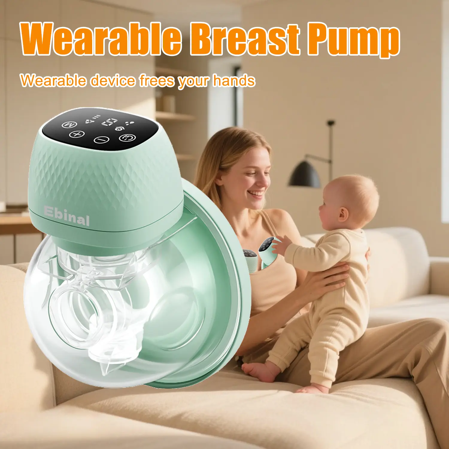 Ebinal Wearable Electric Breast Pump - 2Pcs Set for Hands Free Pumping, 3 Modes & 9 Levels, Strong Suction, 19/22mm Flange Inserts, 1 Green Unit