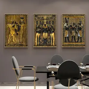 3pcs Gold Ancient Egyptian Pharaoh Wall Art, Wooden Frame Vintage Home Decor, Heavy History Hanging Paintings for Living Room