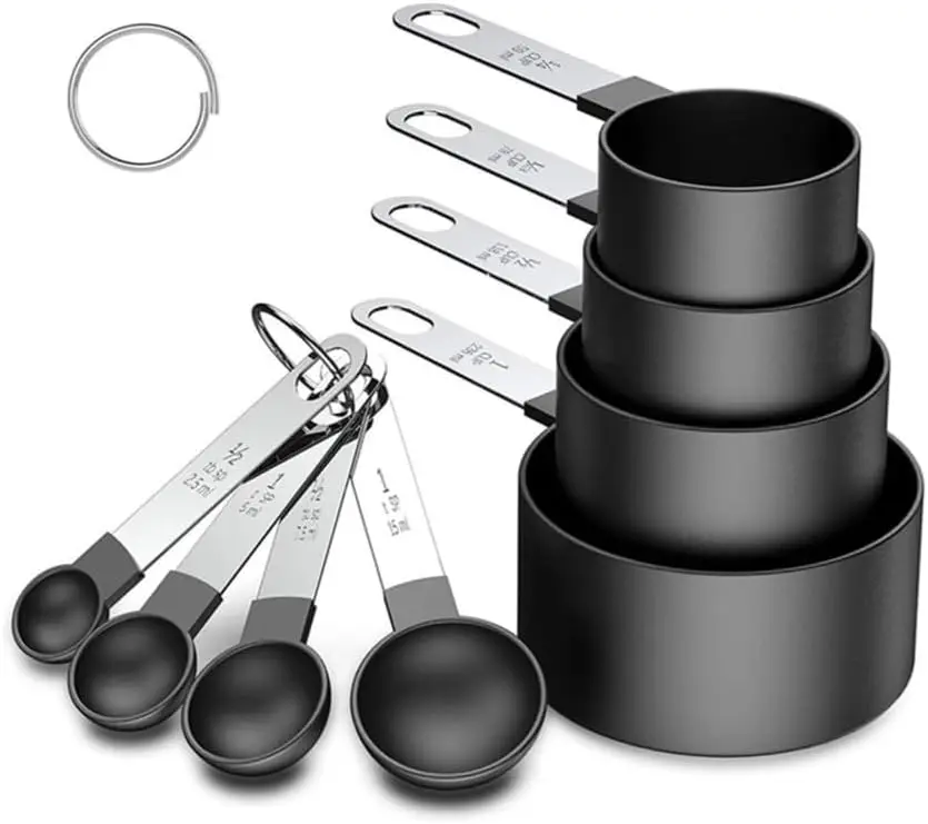 Matte Black 8-Piece Stackable Stainless Steel Measuring Spoons and Cups Set - Detachable Handle, Nested Utensils for Dry/Liquid Ingredients, Hanging Kitchen Baking Tools, Accurate Metric+US Measurements (0-500 ml, 1 cup, 1 tbsp)