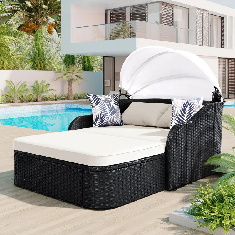 GO 79.9" Outdoor Sunbed with Adjustable Canopy, Double lounge, PE Rattan Daybed, Black Wicker and Beige Cushion