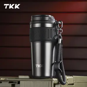 TKK 21oz Ceramic Coated Insulated Coffee Tumbler with Straw Lid, Double Wall Vacuum Insulation, Leak Proof Reusable Travel Mug with Strap, Portable Wide Mouth Drinkware, Hot & Iced Coffee Cup – Insulated Flasks & Water Bottles, Cadetblue