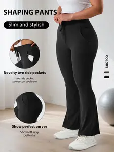Women's Plus Size High Waist Flare Pants, Womenswear, Fleece Lined, Belted Waist, Side Pockets, Slim Fit, Stretchy, All Season Casual Wear