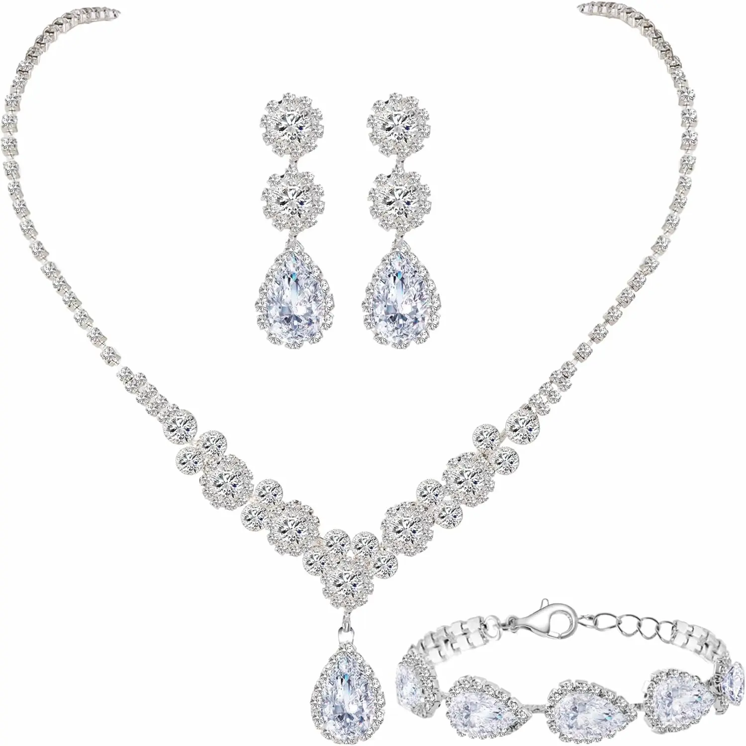 Women's Lead-Free Rhinestone-Crystal Cubic Zirconia Teardrop Bridal Earrings & Bracelet Set - Formal Accessory for Wedding, Engagement, Christmas Day for Adults, Mother Gifting, Dinner Party