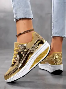 Women's Glitter Lace Up Walking Shoes, Glitter Design Sneakers, Lightweight Breathable Comfortable Sports Shoes, Fashionable for Daily Wear, Stylish Sneakers, Trendy Walking Sneakers