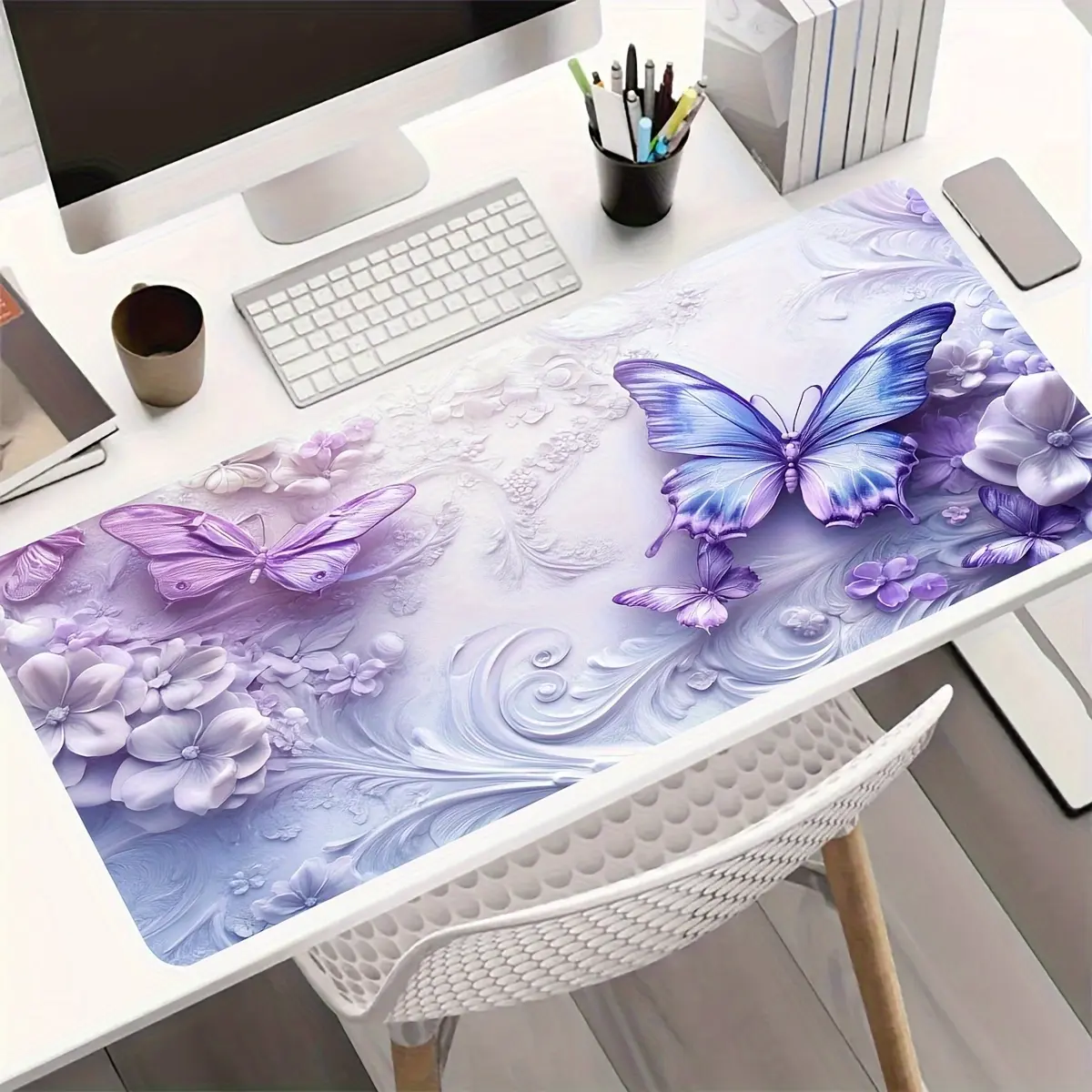Free Express Large Extended Mouse Pad & Desk Mat with Elegant Purple Butterfly Flower Design - Non-Slip Rubber Base, Washable Suitable for Office, Gaming, Computer Work - Desk Mat Compatible for PC, Laptop, Desktop Computers