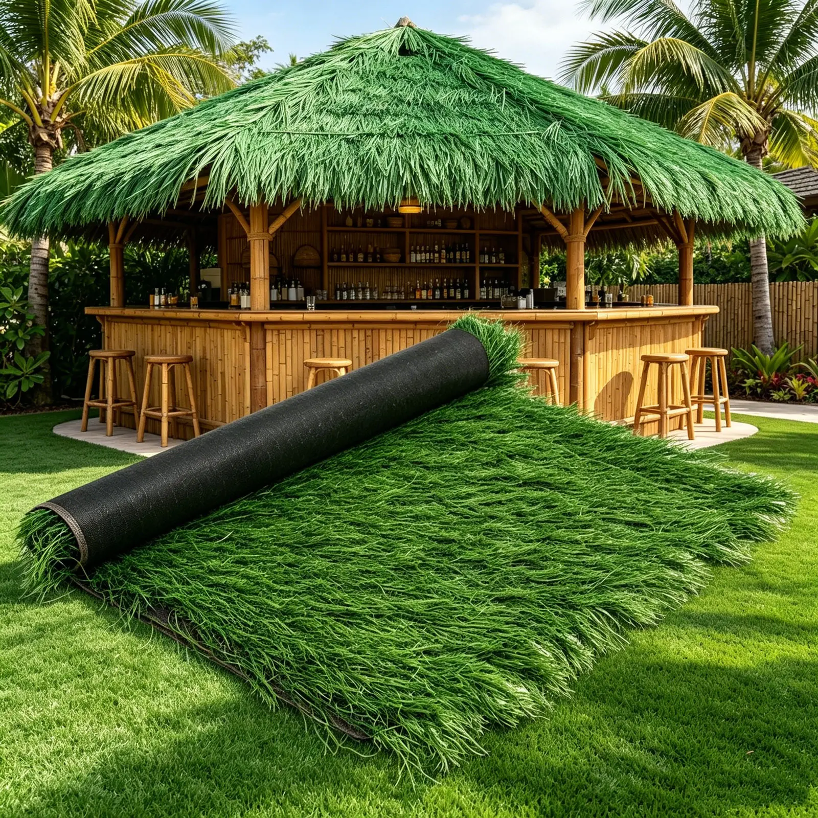Green Artificial Thatch Roll, All-Weather Synthetic Straw Roofing, UV Protection & Anti-Fade Outdoor Thatch Roof Cover,  Artificial Thatch Roof Roll Lightweight & Cuttable DIY Decor for Home Garden, Pool Cabana, Tiki Hut and Backyard Renovation