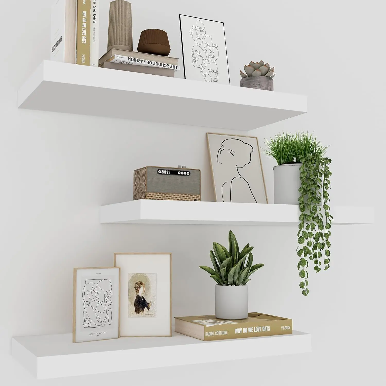 White Floating Shelves for Wall Set of 3, 16" White Wall Shelves for Home Decor, Frame Display Wall Mounted Floating Shelf for Living Room, Bedroom, Bathroom, Kitchen