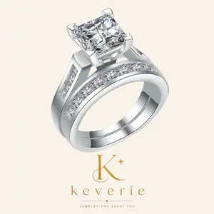 KEVERIE Women's 2-Piece Square Wedding Ring Set - Elegant Design, Princess Style Rings, Sparkling CZ Stones, Pavé Set, Halo Setting, Metal Coating for Engagement Party Gifts