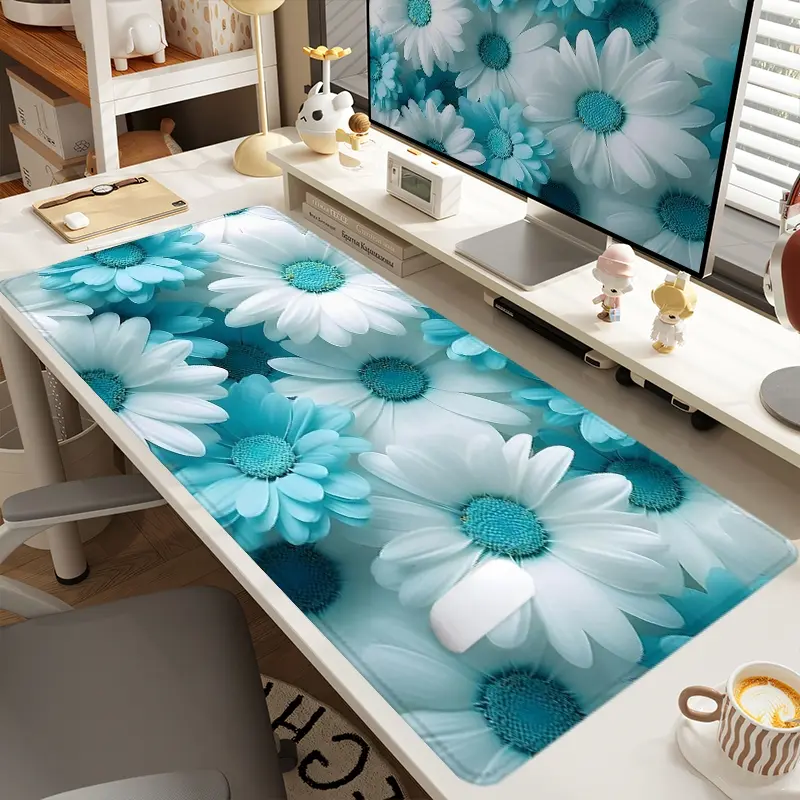 1pc Extra Large Blue-White Daisies Mouse Pad Desk Pad, Desk Accessories, Desktop Accessories, Office Accessory, Computer Keyboard Mousepad with Non-Slip Rubber Base Durable Stitched Edge Gift for Home and Office, Work Accessories