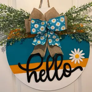 Teal Orange and White 18in Hello Spring Door Hanger with Double Bow and Greenery for Festive Decoration