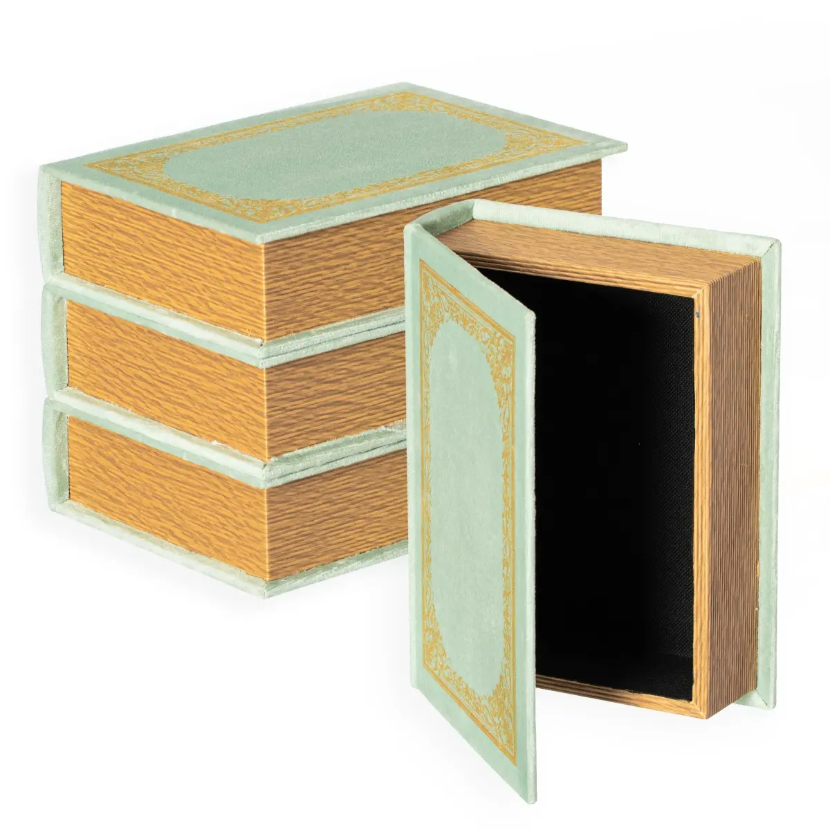 Vintiquewise QI003691.AG.4 4-Piece Antique Green Wooden Storage Boxes Set - Antique-Inspired Design, Velvet Liner Organiser, 7x2x9" Book Box for Kitchen, Shelf Organization, Wedding Keepsake Gift, Decorative, Container