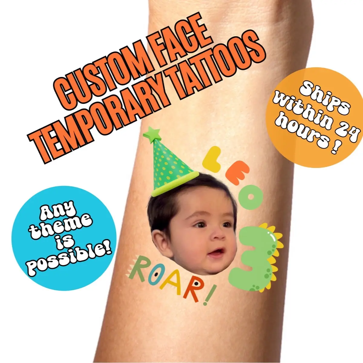Birthday Custom Face Temporary Tattoos , Kids Party Favors , Childrens Birthday Party , 1st Birthday Party , Personalized Fake Tattoos Gifts