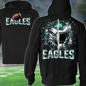 Strong Eagles Football 2 Sided Hoodie, Football Player Sweatshirt, Sports Apparel, Green & Titan Helmet Pullover Classic T-shirt, Graphic Printed Streetwear Top, 100% Cotton, Gift For Fans