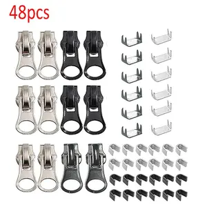 A set of 48 quick-release zipper repair kits featuring easy-to-replace sliders, fixed double-zipper pull heads, and suitable for various sizes of zippers used in clothing, luggage, backpacks, and more.
