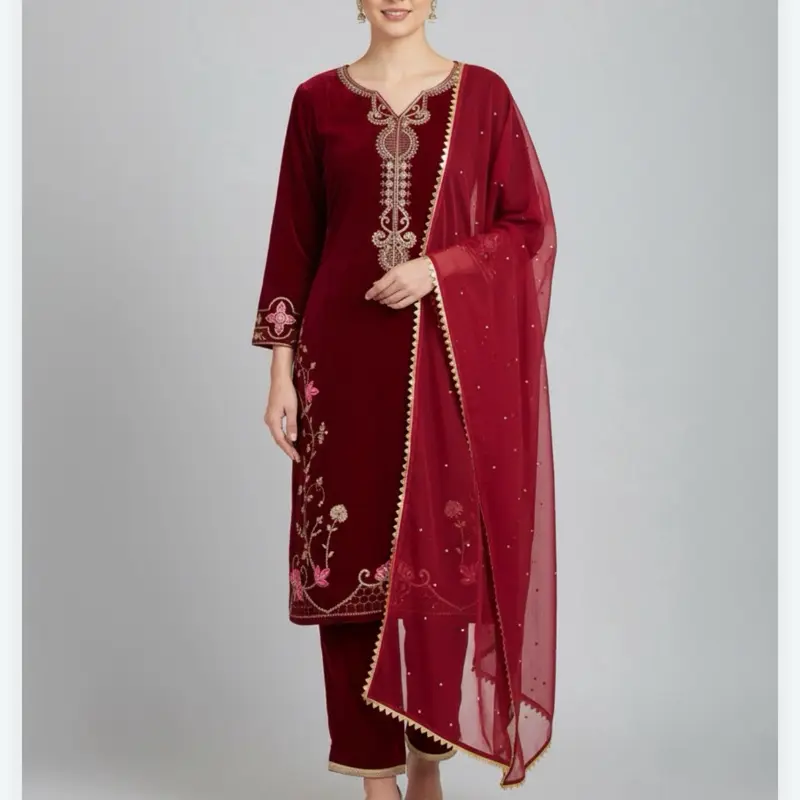 Women's Velvet Kurta Suit - Spring Collection, Embroidered Longsleeves Lady Party Clothes, Casual Womenswear Dress