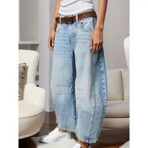 Women’s Baggy Mid-Rise Wide-Leg Boyfriend Cropped Barrel Jeans with Pockets