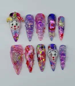 Whimsical 3D Carnival Clown Press On Nails – Colorful, Glossy, Handcrafted Art with Swirls, Stars & Playful Circus Vibes