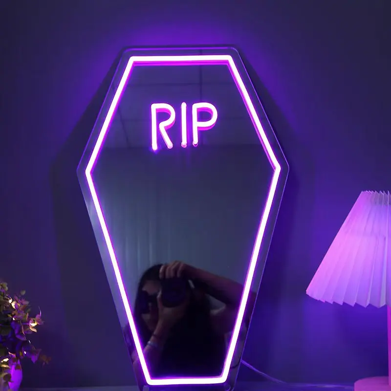Rip Mirror Neon Light, Decorative Neon Light, Led Neon Lights, Led Neon Sign, Led Lighted Neon Lamps, Novelty Lighting, Adjustable Brightness LED Wall Art Lamp, USB Powered Makeup Mirror for Halloween Party Decoration