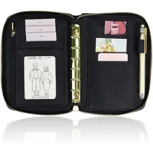 A7 Leather Budget Binder  Envelopes System Wallet Budget Planner PU Leather Cover Notebook with Zipper 6 Rings Refillable  Wallet Organizer for  Budgeting and Saving (Only Binder-Black)