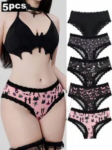 5-Pack Women's Triangle Underwear Set, Lace Trim, Gothic Skull Print, Comfortable Casual Lingerie, Halloween Inspiration, outfitinspo & baddie & halloween & lingerie & theboys & Womenswear & Piece