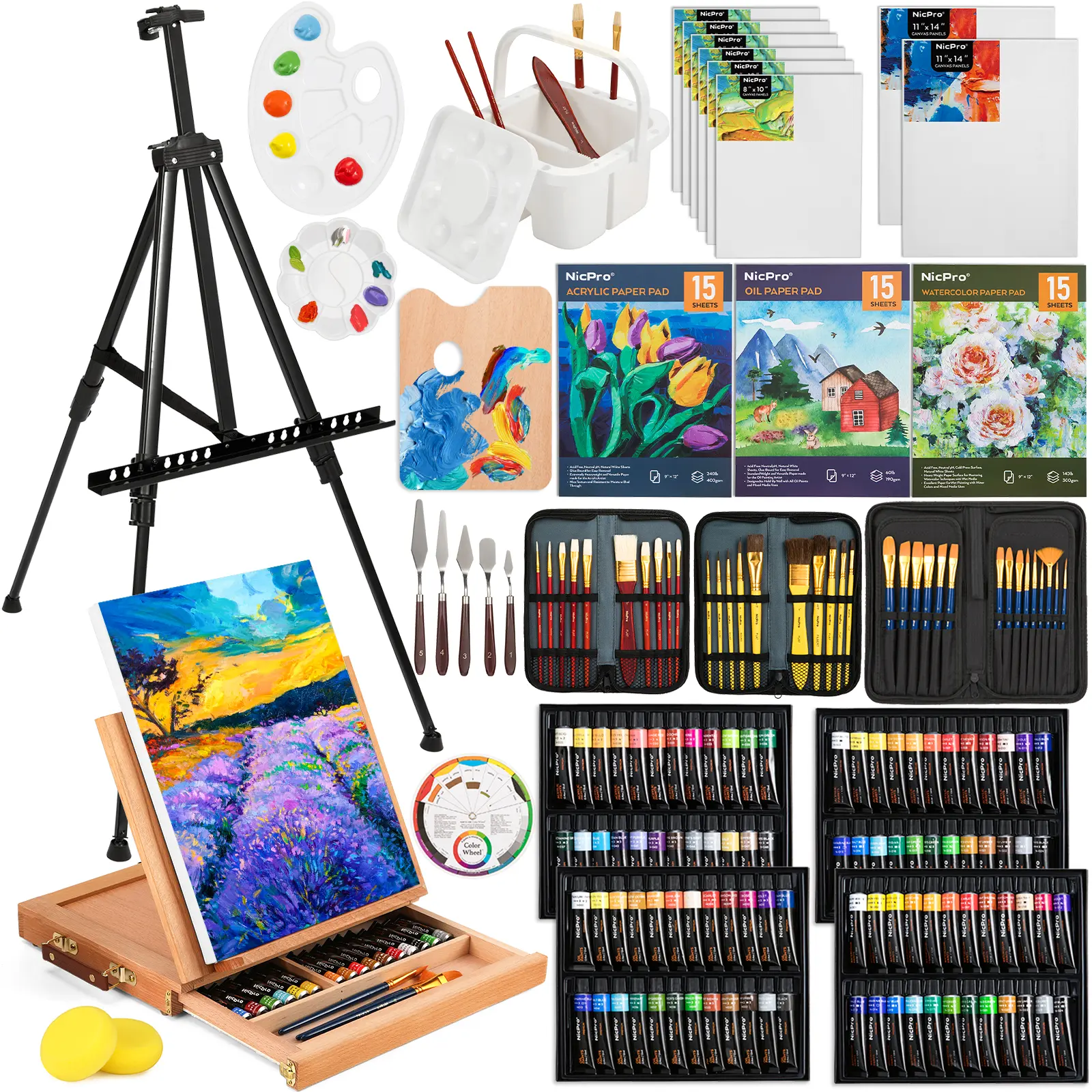 Nicpro 158-Pack Deluxe Large Artist Kit - Adjustable Standing Metal & Solid Beech Wood Easel, Assorted Paint Colors, Brush Combo, Canvases, Palette, Paper Pad, Professional Art Crafting & Art School Supplies for Students, Art Kits