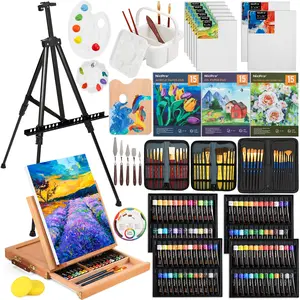 Nicpro 158Pack Deluxe Large Painting Kit with Metal and Solid Beech Wood Easel, Acrylic, Oil & Watercolor Paint Set, Paint Brushes, Canvases, Palette, Paper Pad, Professional Art Set
