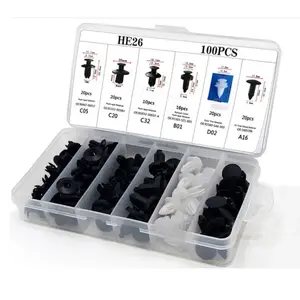 HE26 100-Piece Universal Automotive Expansion Screw Clip Set, suitable for mudguards, fenders, door panels, and other car components. Includes models C05, C20, C32, B01, D02, and A16. Car accessories.