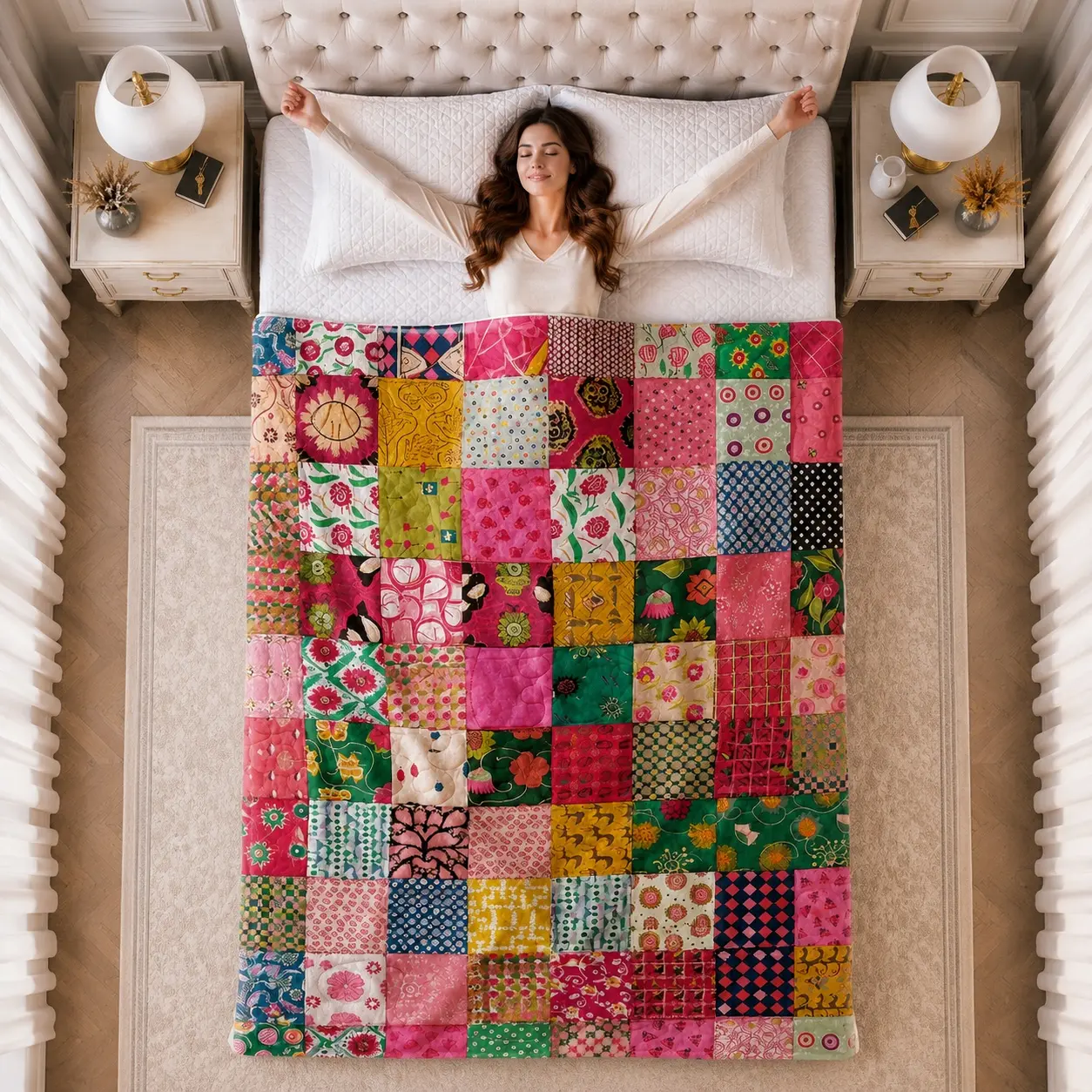 Bright Patchwork Flannel Throw Blanket Floral Geometric Pattern Soft Warm Lightweight for Bed Sofa Mid Century Modern Home Decor Essential Gift for Women Men