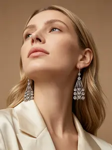 A pair of silver studded diamond pendant lamp style tassel earrings, with multiple rows of hanging zircon stones exuding a luxurious retro feel, suitable for formal occasions such as dinners and parties.