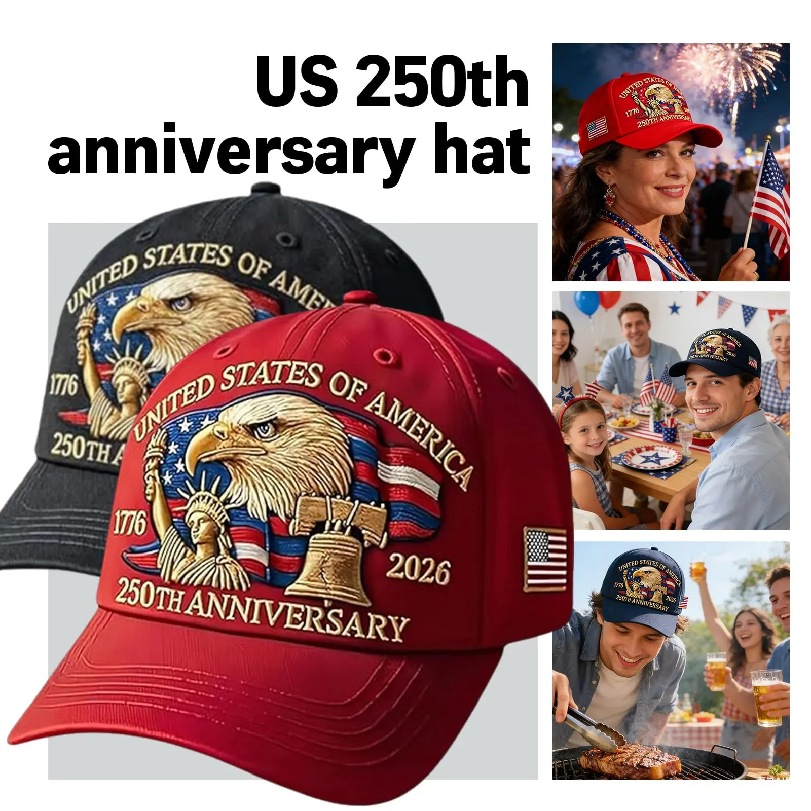 1Pcs/ 2Pcs- 250th Anniversary Hat 2026, USA Patriotic Embroidered Baseball Cap, America 250 Year Commemorative Eagle Flag Cap, Independence Day 1776-2026 Adjustable Dad Hat, July 4th Outfit, Patriotic Gifts, Viral TikTok Trending