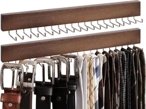 Tie Rack with 20 Hooks, 2-Pack Wall-Mounted Wooden Hangers for Neckties, Belts, Hats,  Walnut Color