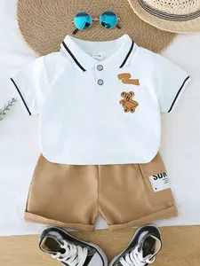 Baby Toddler Summer Fashion Cartoon Embroidered Polo Shirt Short Pants Set, Cute Casual Wear Outfit for Boys & Girls, Comfortable Cotton Material