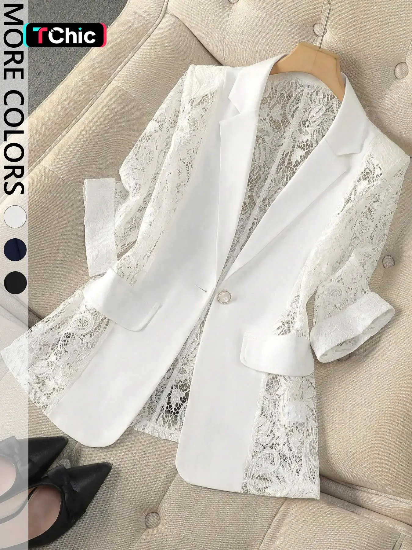 Women's Elegant Sheer Lace Panel Blazer, Chic Long-Sleeve White Jacket for Office, Business Attire Clothes, Going Out & Interviews, Quiet Luxury Outerwear