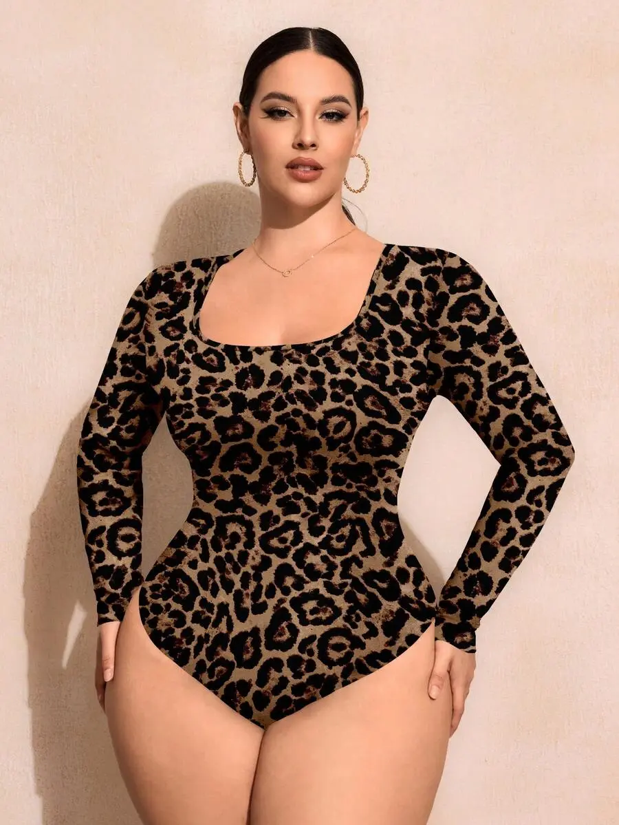 Plus Size Leopard Print Crew Neck Bodysuit, Casual Vintage Fitted Top Long Sleeve Bodysuits For Women Cheetah Winter