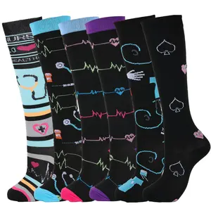 Kmhsozy 6 Pairs Stylish Knee-High Compression Socks – Pink, Beige, Lavender with Polka Dots, Soft Nylon Blend, Breathable & Moisture-Wicking, Perfect for Daily Wear & Holiday Parties