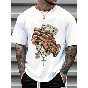 Cotton Short Sleeve  T-Shirt Hand Dollar Graphic Print T-Shirt, Casual Crew Neck Short Sleeve Comfort Tee For Spring & Summer, Men's Clothing