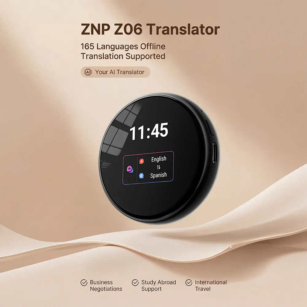 Z06 Round Translation Device with Built-in Multifunction Display, Magnetic Attachment and Lanyard Design, Photo Translation and Voice Recording Functions, Ideal for Business Meetings, Travel, Language Learning, and More, with Long Battery Life