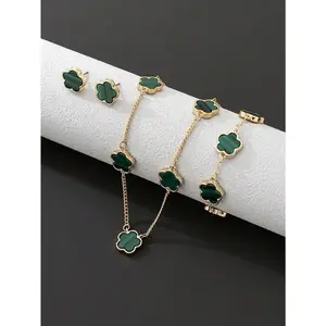 Women’s jewelry set (1 necklace with a simple, classic lucky four-leaf clover pendant, 1 bracelet, and 1 pair of earrings); Valentine’s Day gift for mom/mother; Mother’s Day gift