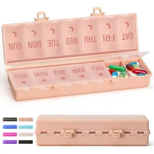 [Foldable & Dual Protection] Weekly Pill Organizer 2 Times A Day with Etched Labels, AM PM 7 Day Medicine Container Box, Large Portable Week Travel Pill Case for Daily Medication, Vitamin - Pink