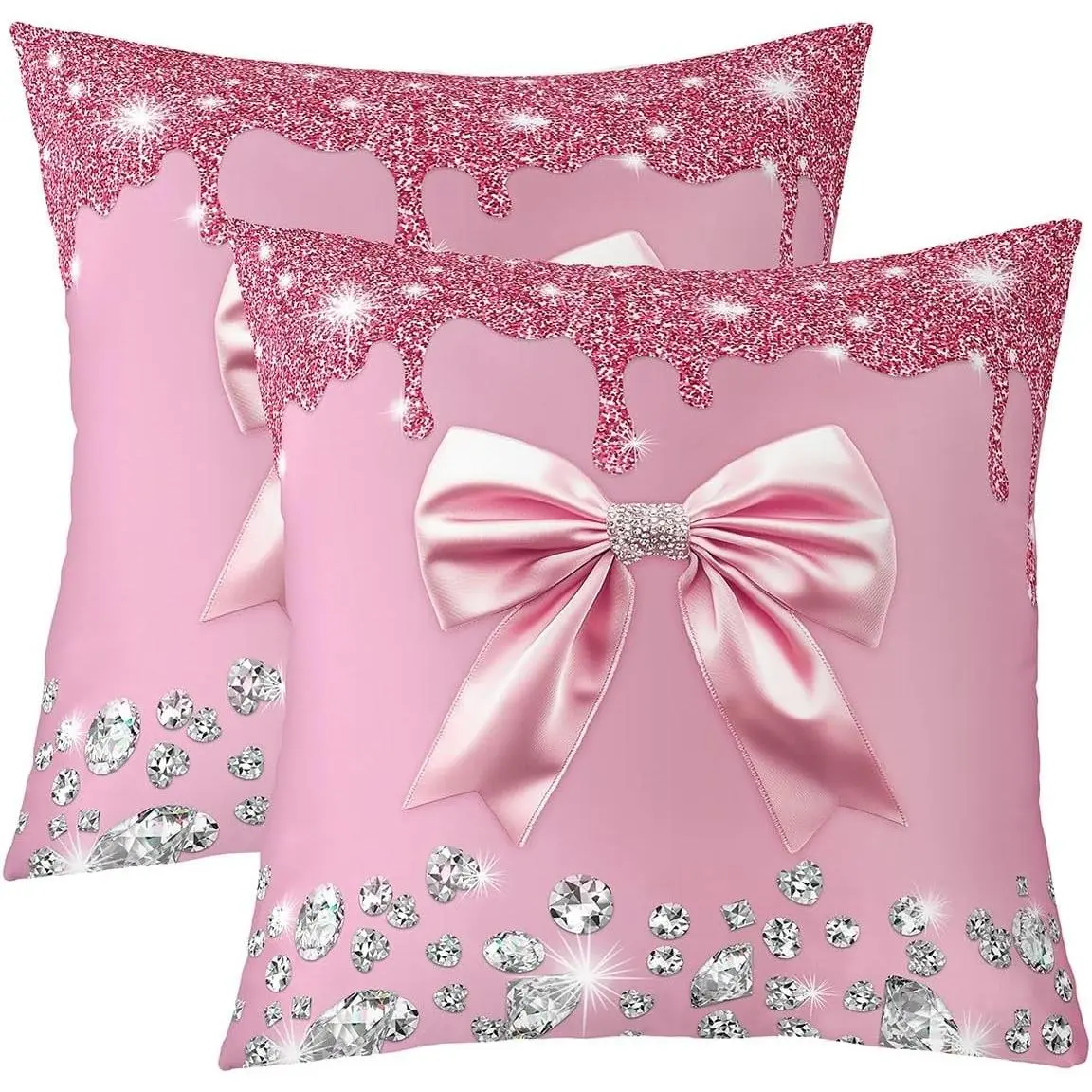 Feelyou Grey Diamond Glitter Throw Pillow Covers - Sparkling Sequins Bow Kawaii Cute Ribbon Knot Decorative Cushion Covers for Living Room, Room Decor, House Decor