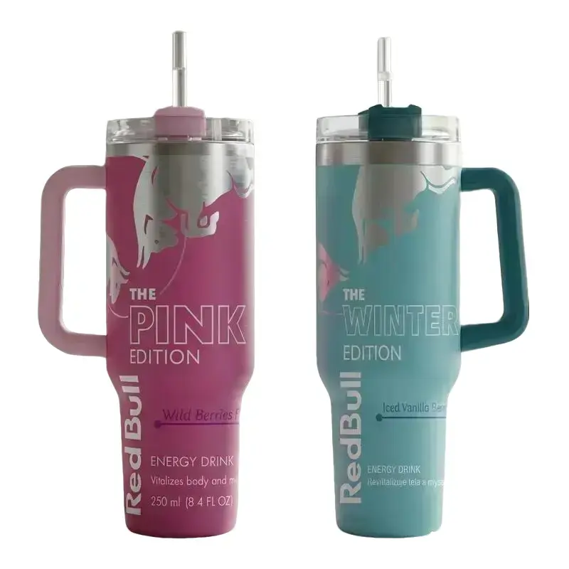 R3d Bvll Pink, Blue & White Edition 40oz Stainless Steel Tumbler - Portable Wide Mouth Water Bottle with Handle, Straw, Lid, Double Wall Vacuum Insulation, Eco-Friendly Kitchenware Gift, Bottles